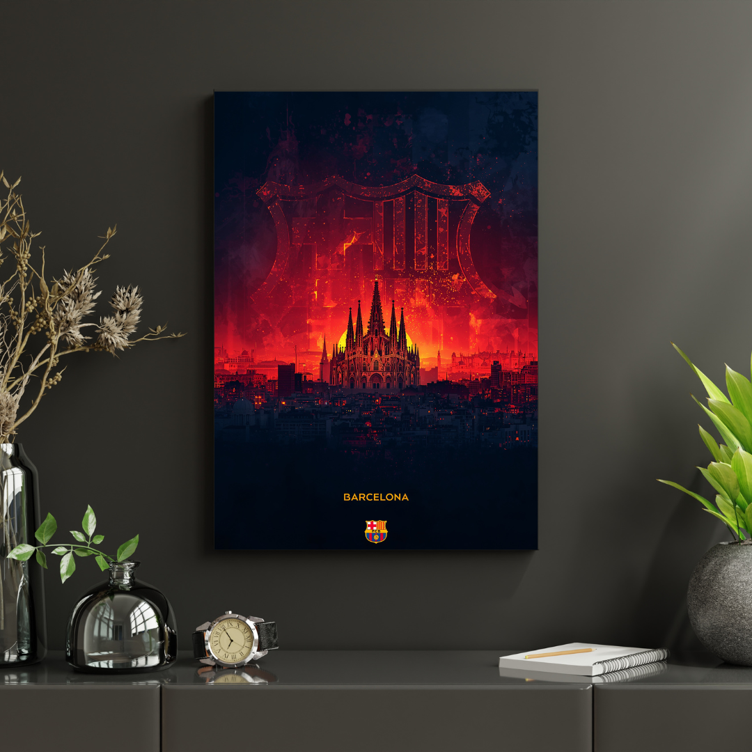 FC Barcelona – Skyline „Sagrada Flame” Plakat Aluminiowy