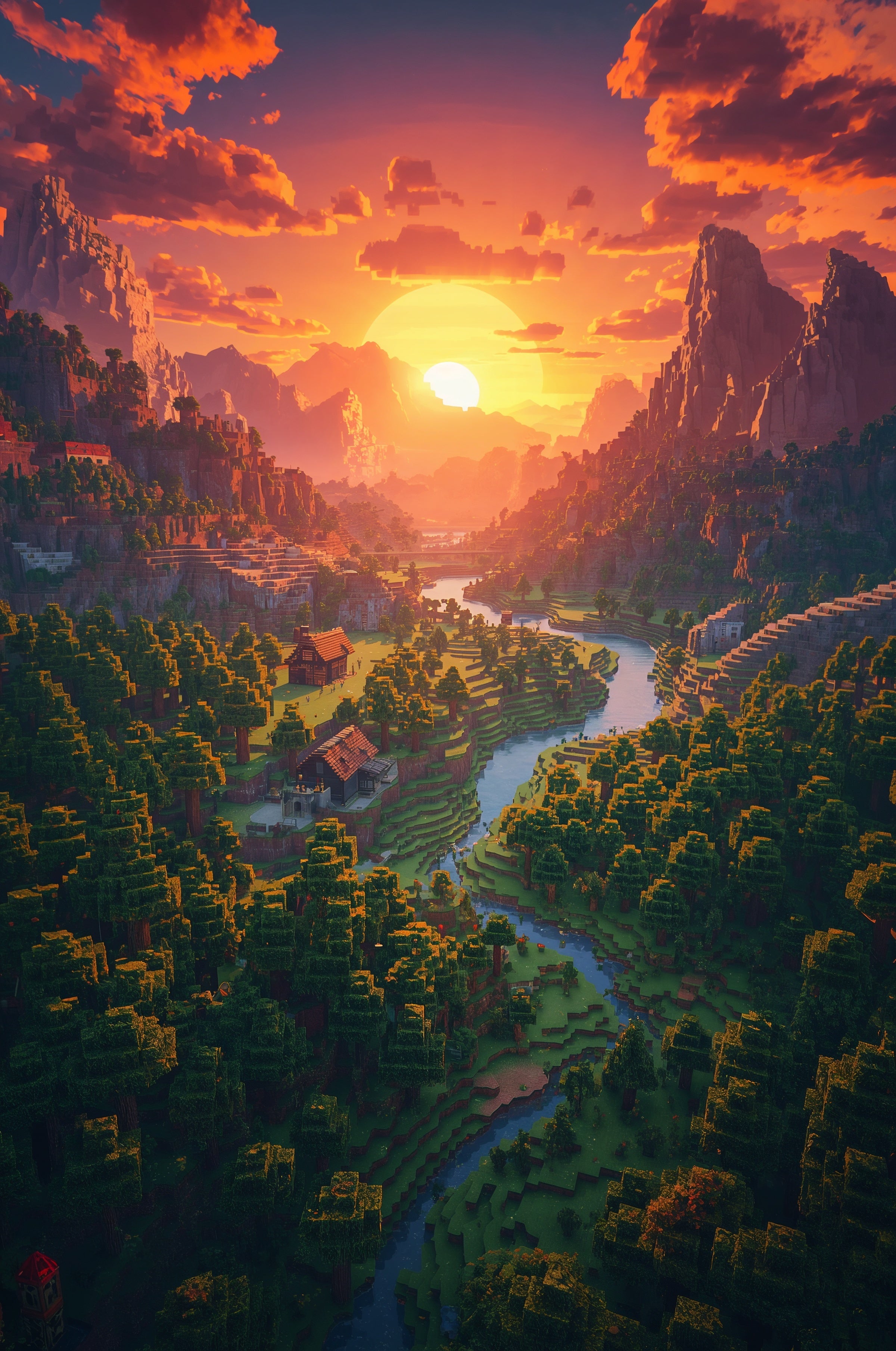 Minecraft – Landscape „Sunset Valley” Plakat Aluminiowy